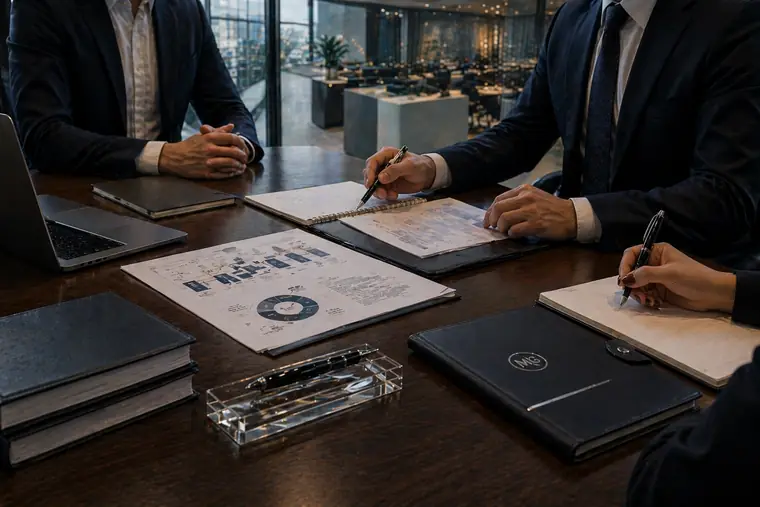 Tres personas revisando papeles de trabajo e integraciones en una mesa de juntas
