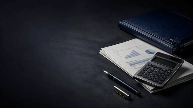 Papeles de trabajo, reportes y calculadora sobre un escritorio oscuro