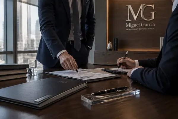 Dos profesionales revisando un escrito en la sala de juntas de MG Fiscal